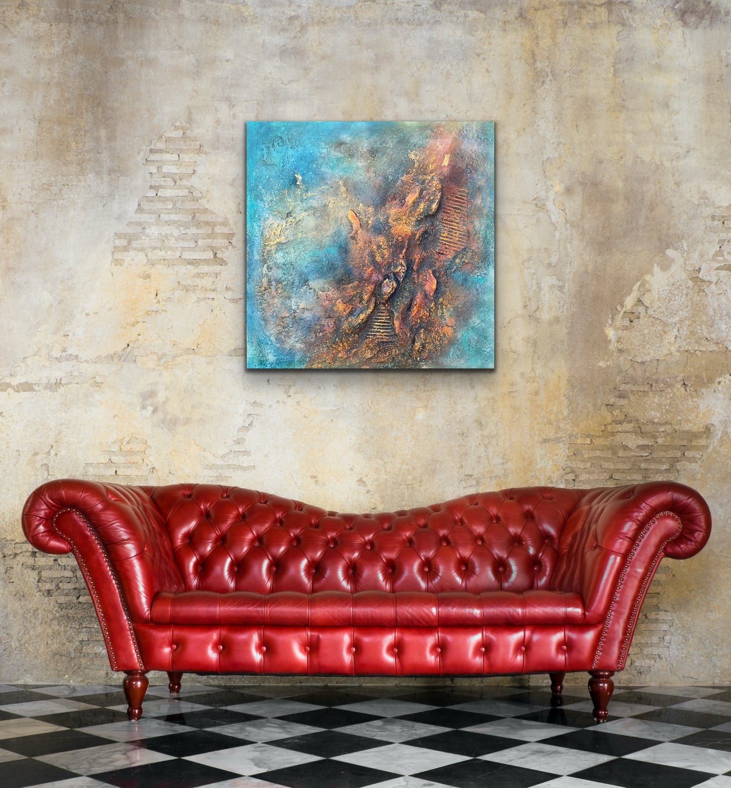  abstract expressionistic mixed media with powertex in teal, red and gold palate 