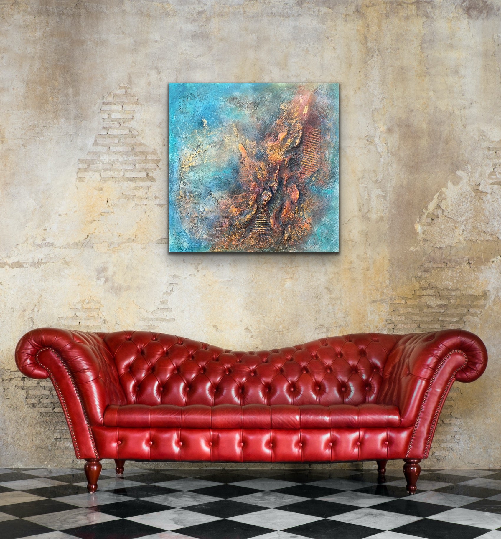  abstract expressionistic mixed media with powertex in teal, red and gold palate 