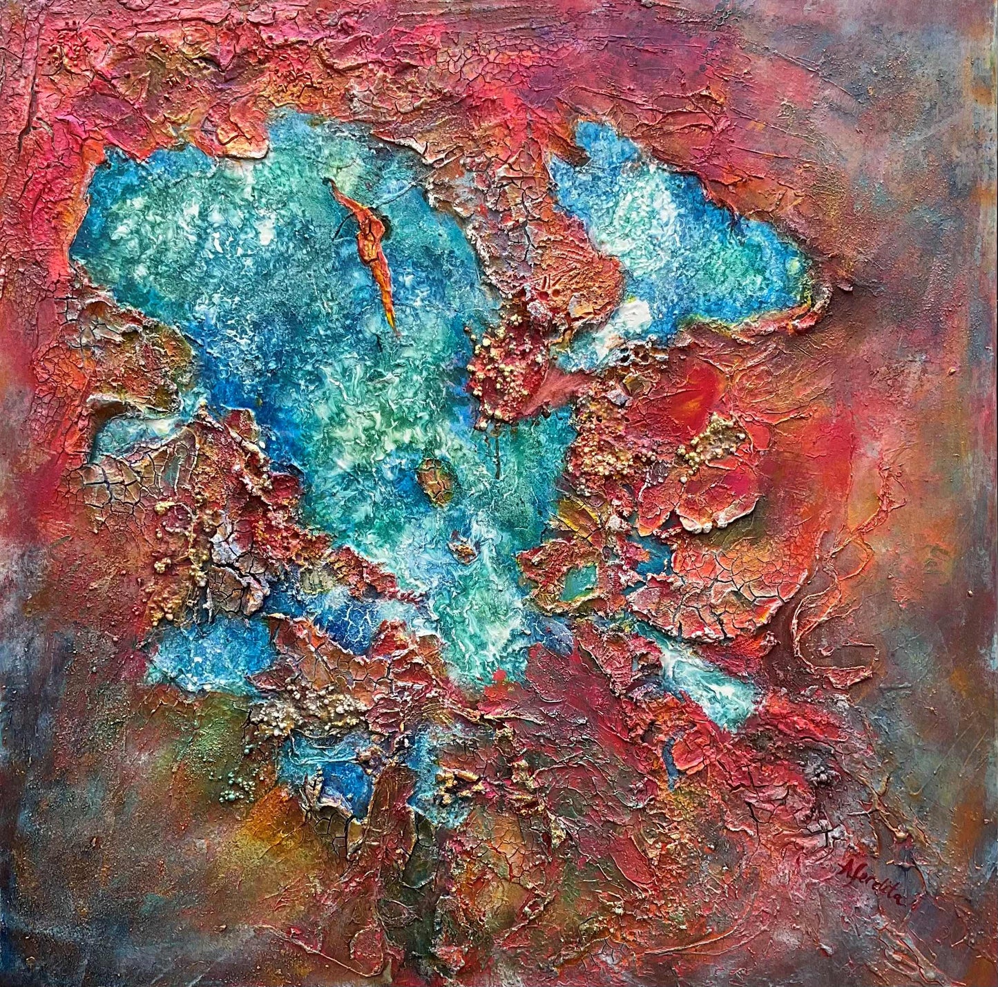 red and blue large mixed media textured abstract painting 