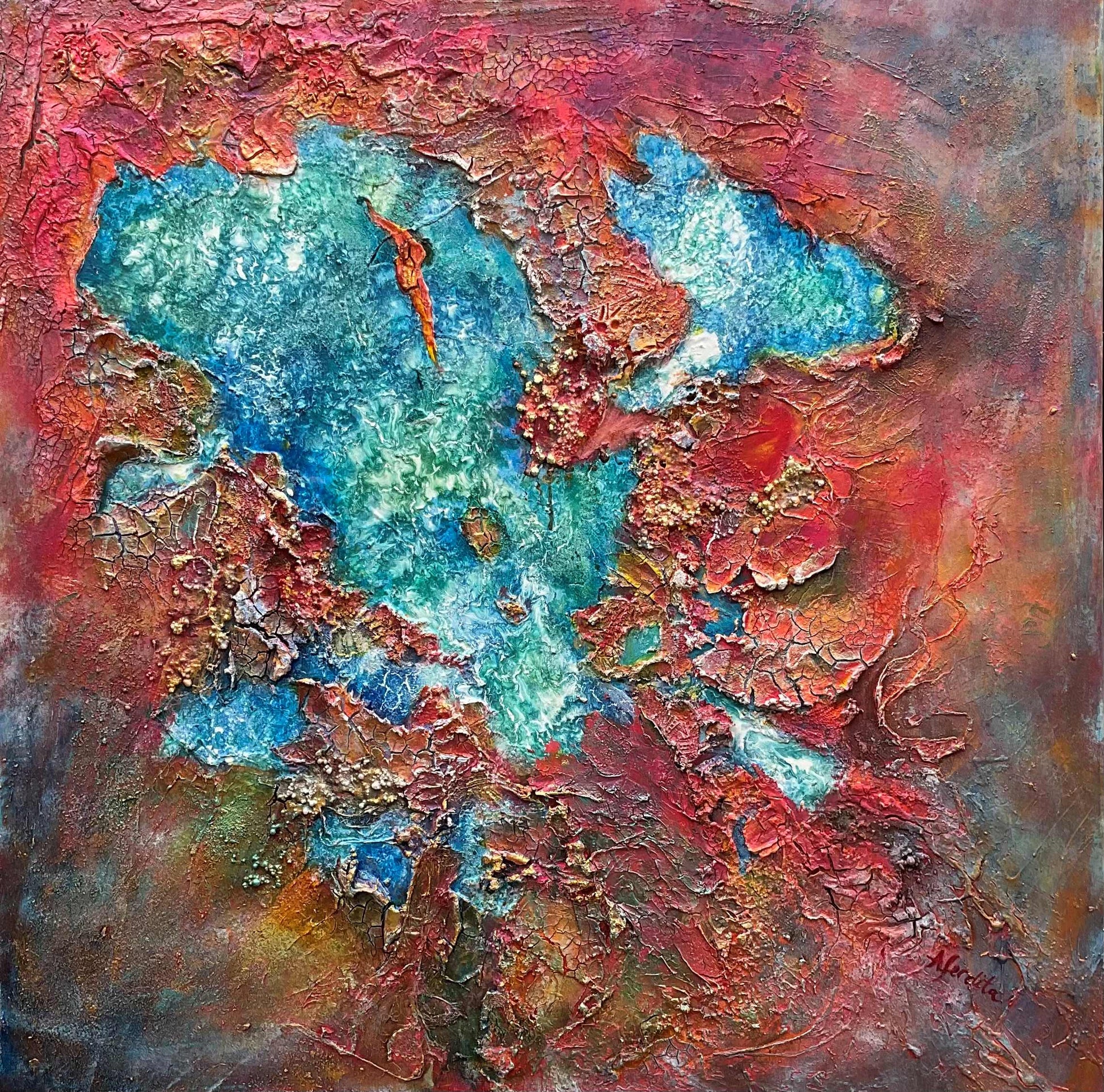 red and blue large mixed media textured abstract painting 