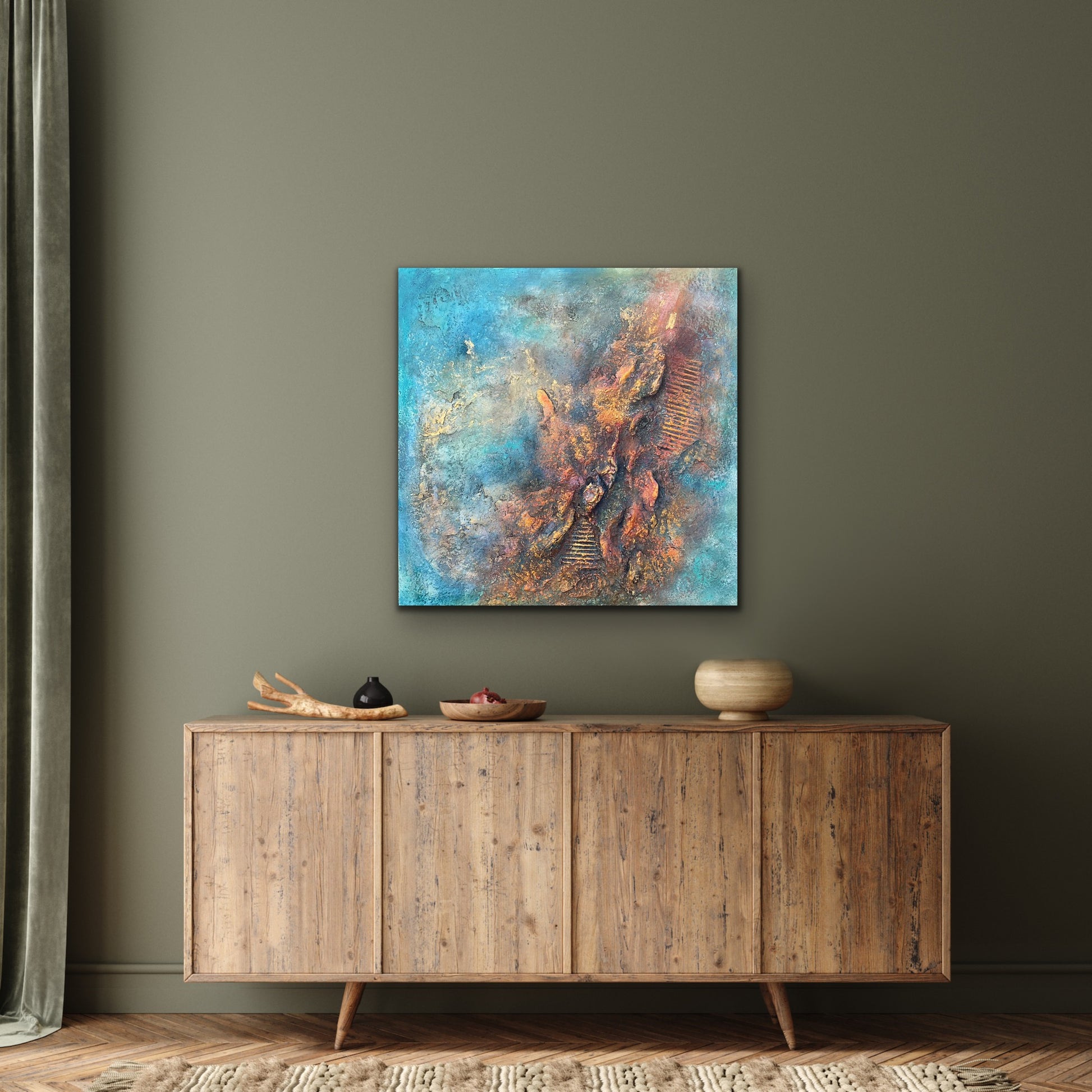 mixed media abstract expressionistic artwork with powertex in teal, red and gold palate 