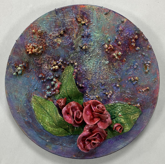 Ethernal Petals sculpted flowers on a round canvas artwork by Aferdita Fazliu Drozt, Bromley based mixed media artist and tutor