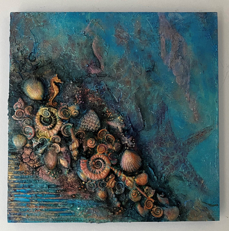 powertex mixed media canvas inspired by fossils and ammonites. art and craft workshop for adults and ittle painter art classes for children in bromley, hayes