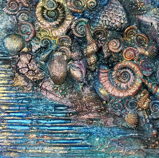 Mixed Media Fossils and Ammonite on Canvas