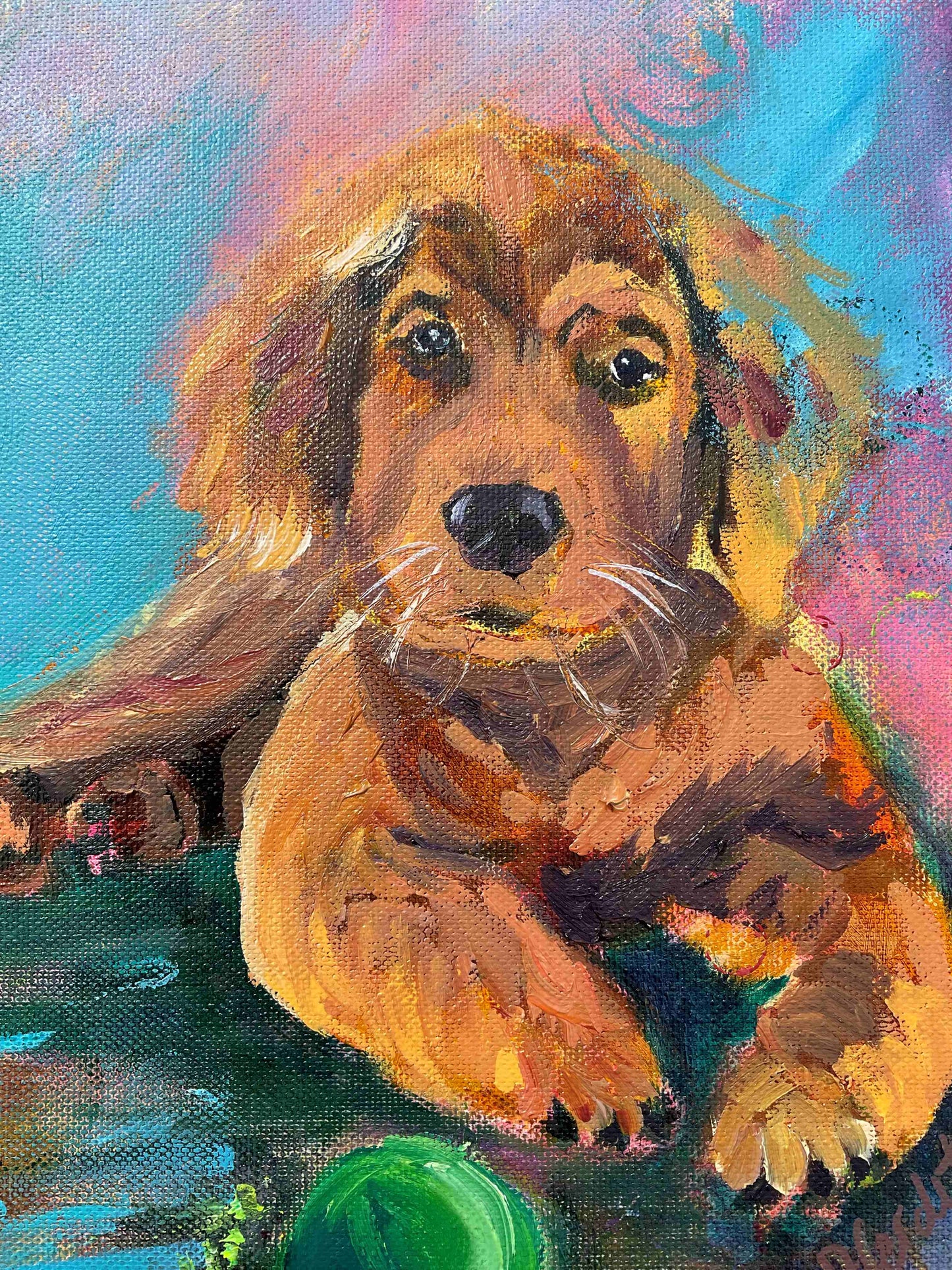 Dog playing with a ball oil painting 