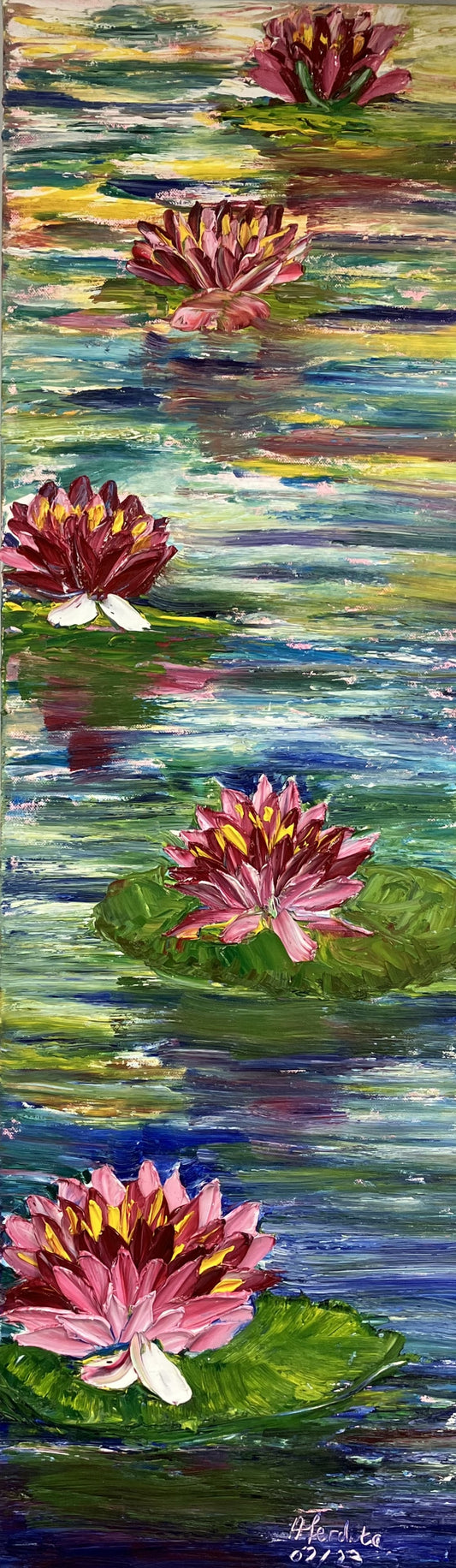 ReflectionsofSerenity oil painting of waterlilies and koi fish by aferdita fazliu drozd bromley artist 