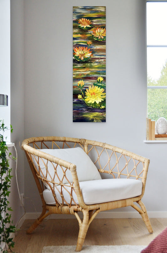 ReflectionsofSerenity oil yellow ,orange waterlielies original painting by aferdita fazliu drozd 