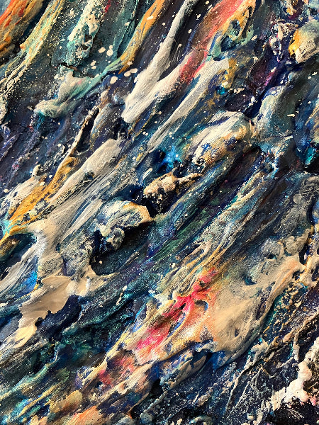texture close up of the Wave After wave painting by Aferdita. Blue, pink red and white 
