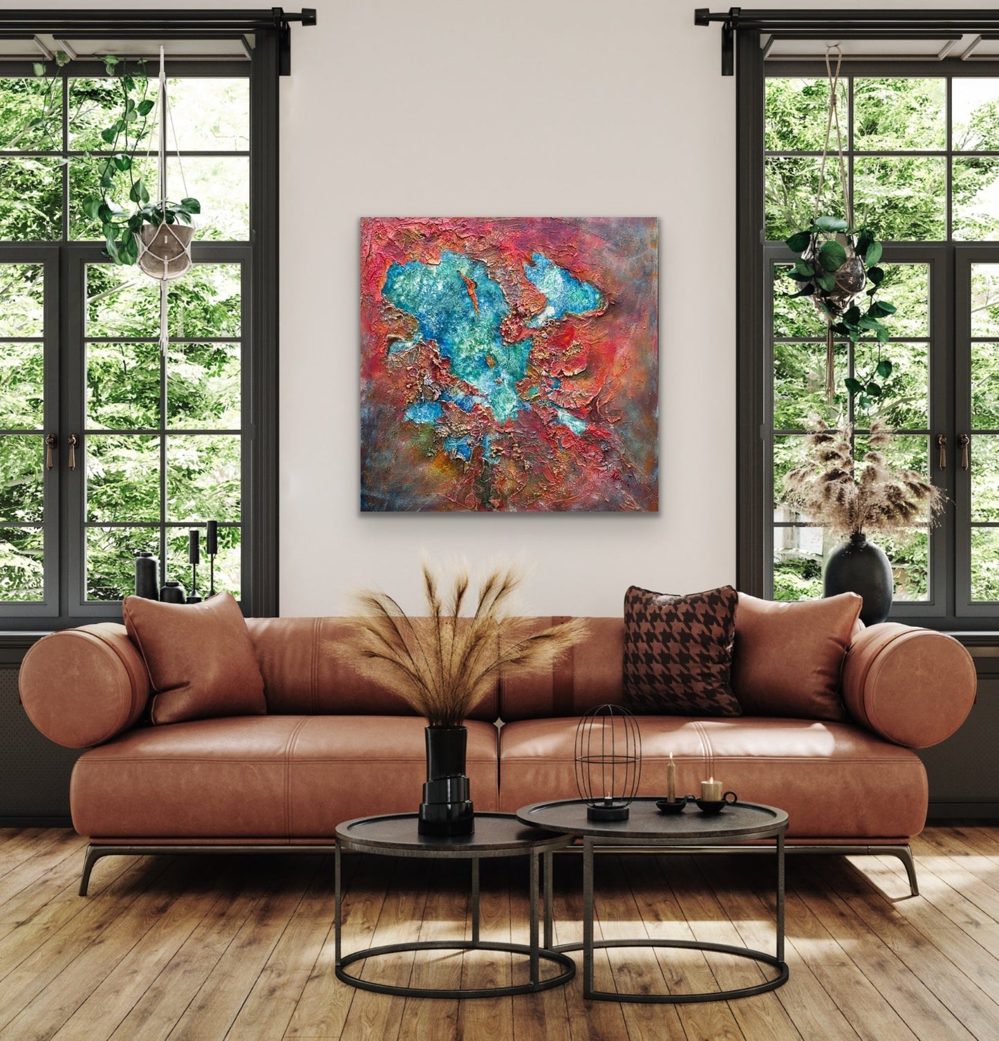 red and blue large abstract sculptural painting 