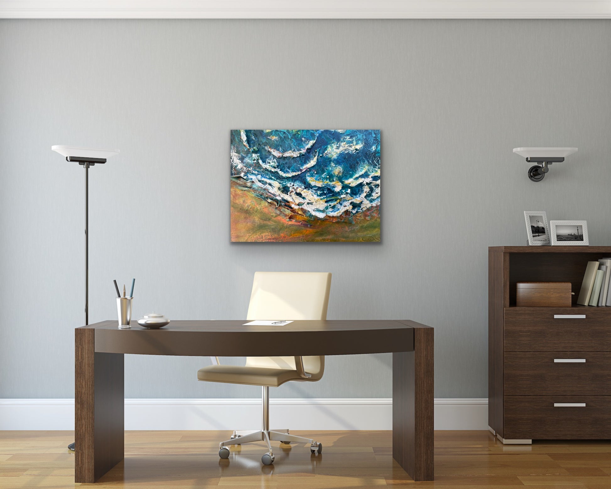 Waves crashing into the sandy beach mixed media painting 
