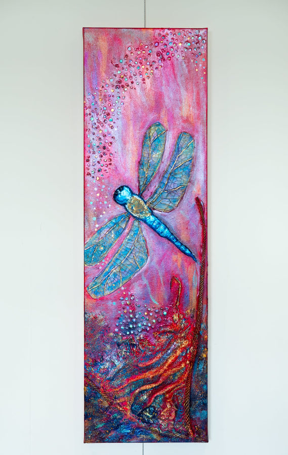 mixed media blue dragonfly. crackle paste wings and redish background by Aferdita Fazliu-Drozd, Bromley Artist and art tutor at Little Painter Art classes