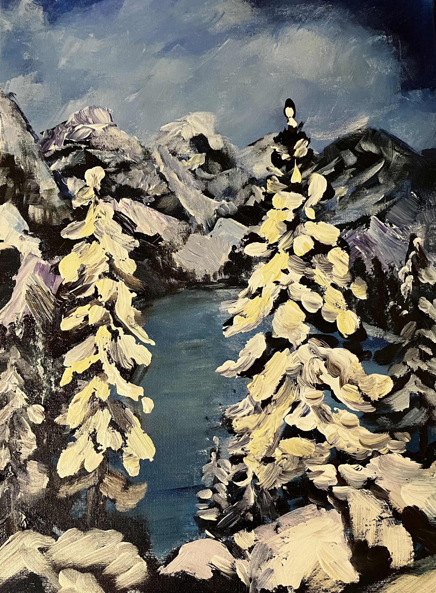 mountains covered in snow and trees at the foreground painting 