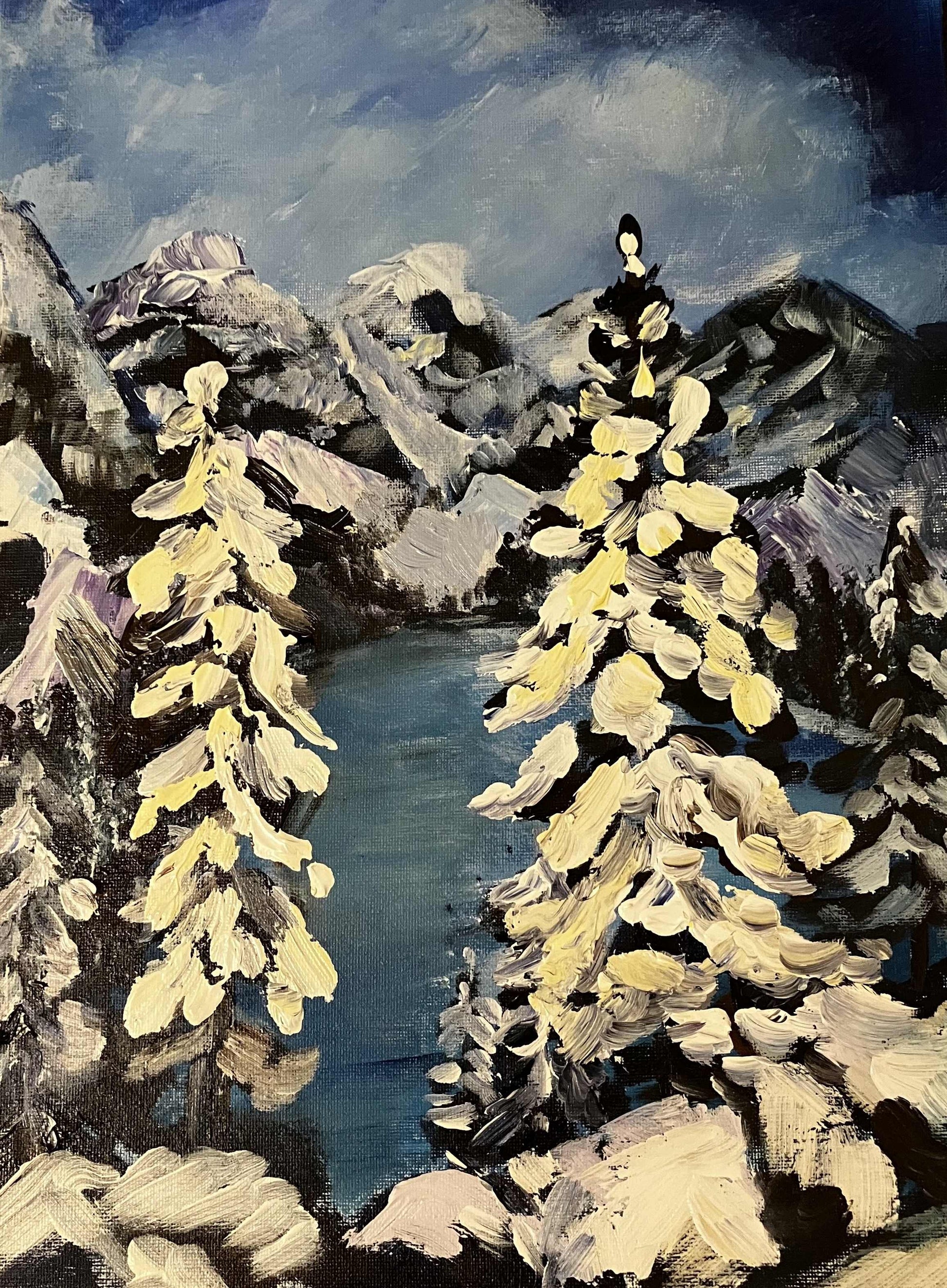 mountains covered in snow and trees at the foreground painting 