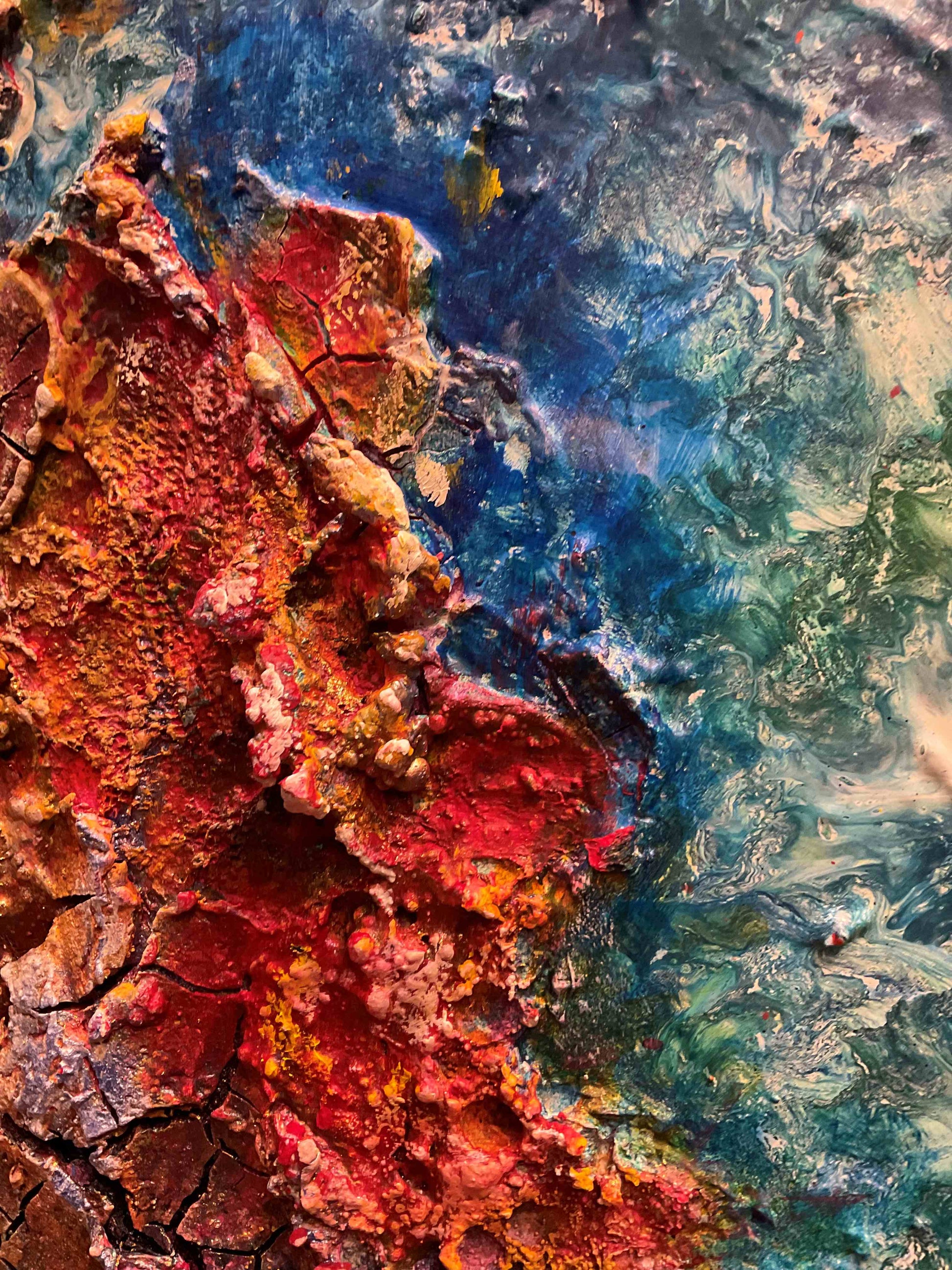 red and blue textures, earth inspired abstract mixed media