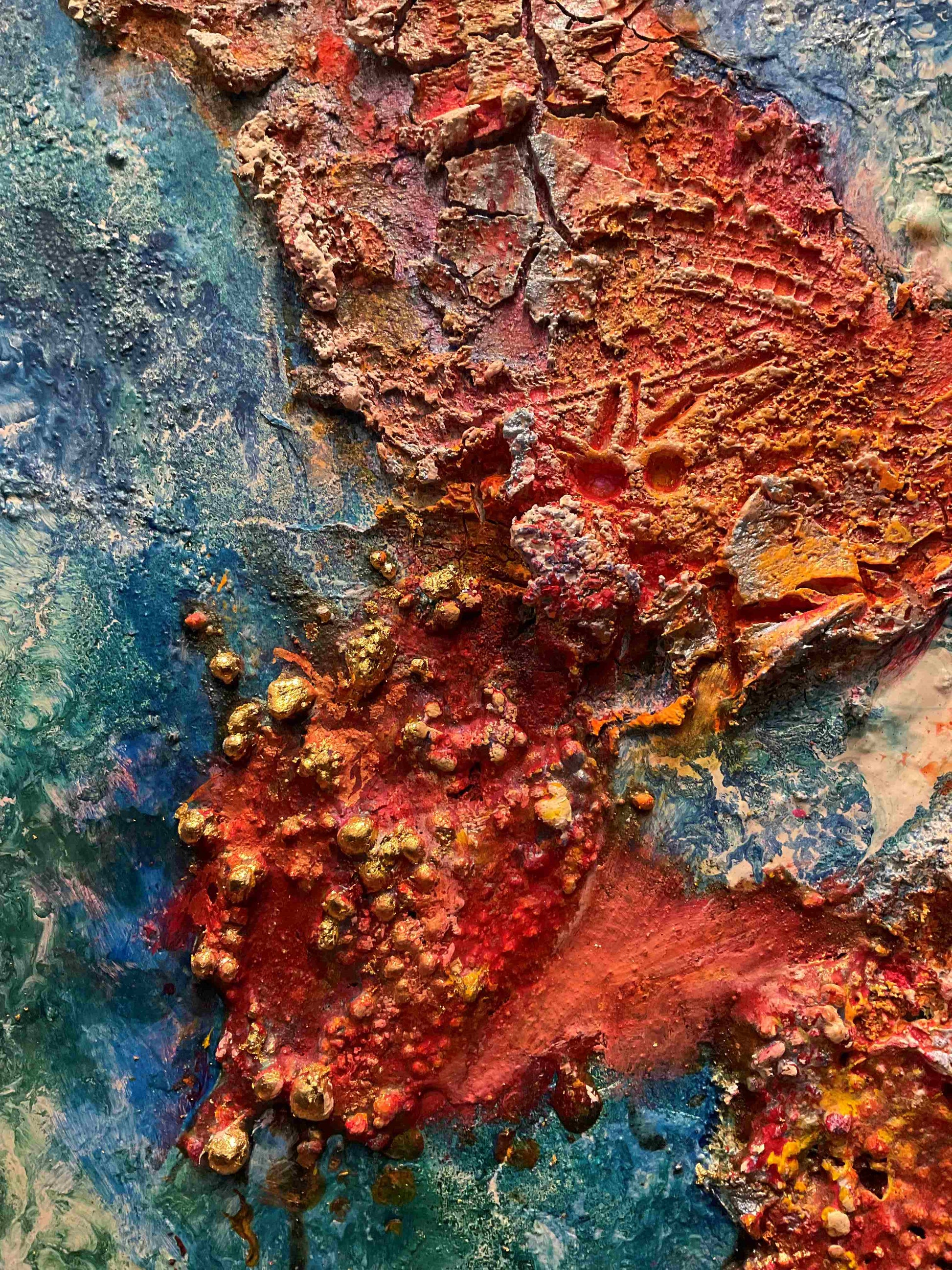 powertex textures, abstract painting red , turquoise and gold 