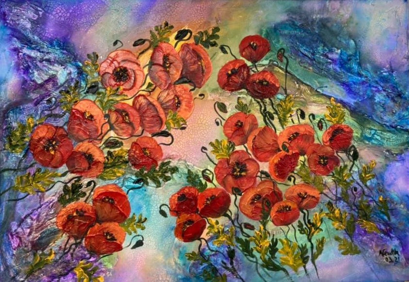 liveandrelax Poppies painting on a blue purple background by Aferdita Fazliu Drozd artist and art tutor from Bromley, Kent 