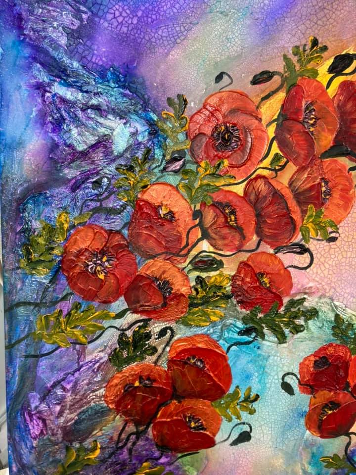 liveandrelax Poppies painting on a blue purple background by Aferdita Fazliu Drozd artist and art tutor from Bromley, Kent 