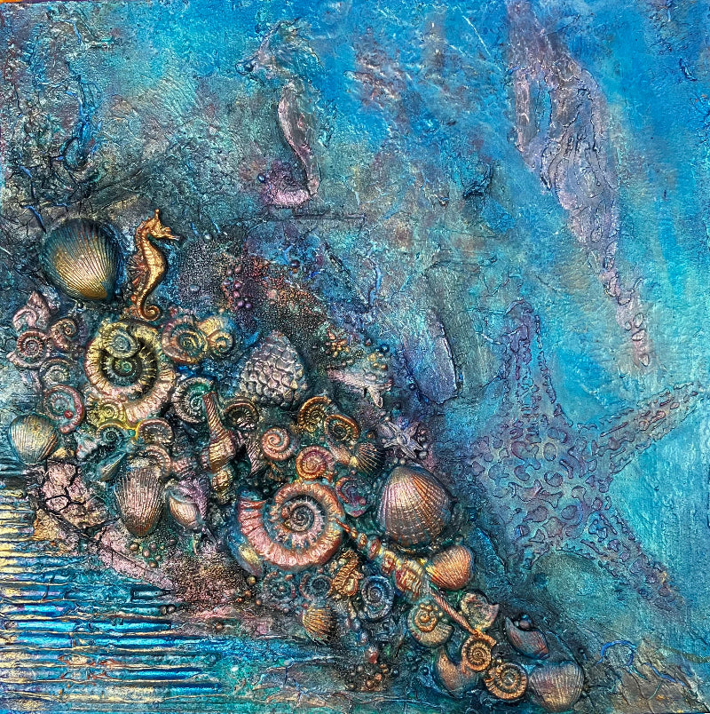 powertex mixed media canvas inspired by fossils and ammonites. art and craft workshop for adults and ittle painter art classes for children in bromley, hayes 