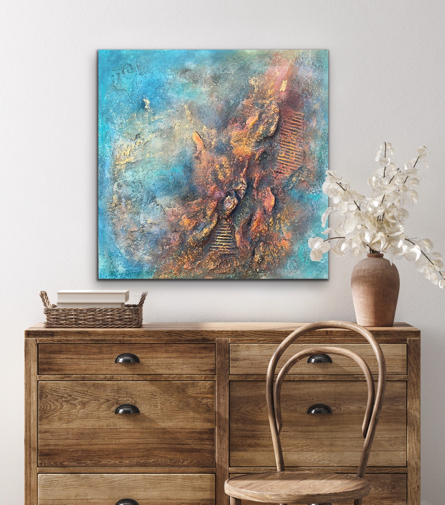 mixed media abstract textured artwork with powertex in teal, red and gold palate 