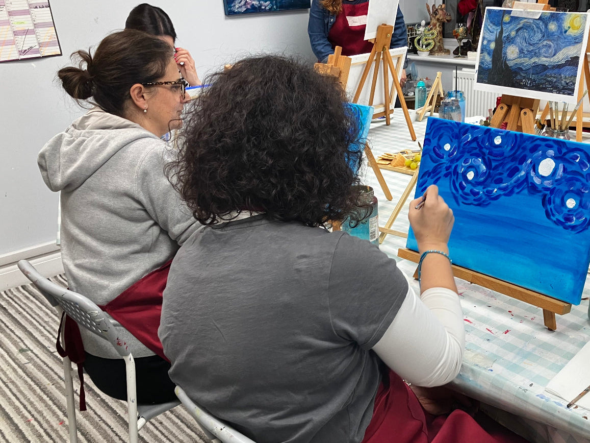 Art class in progress with students painting at easels.