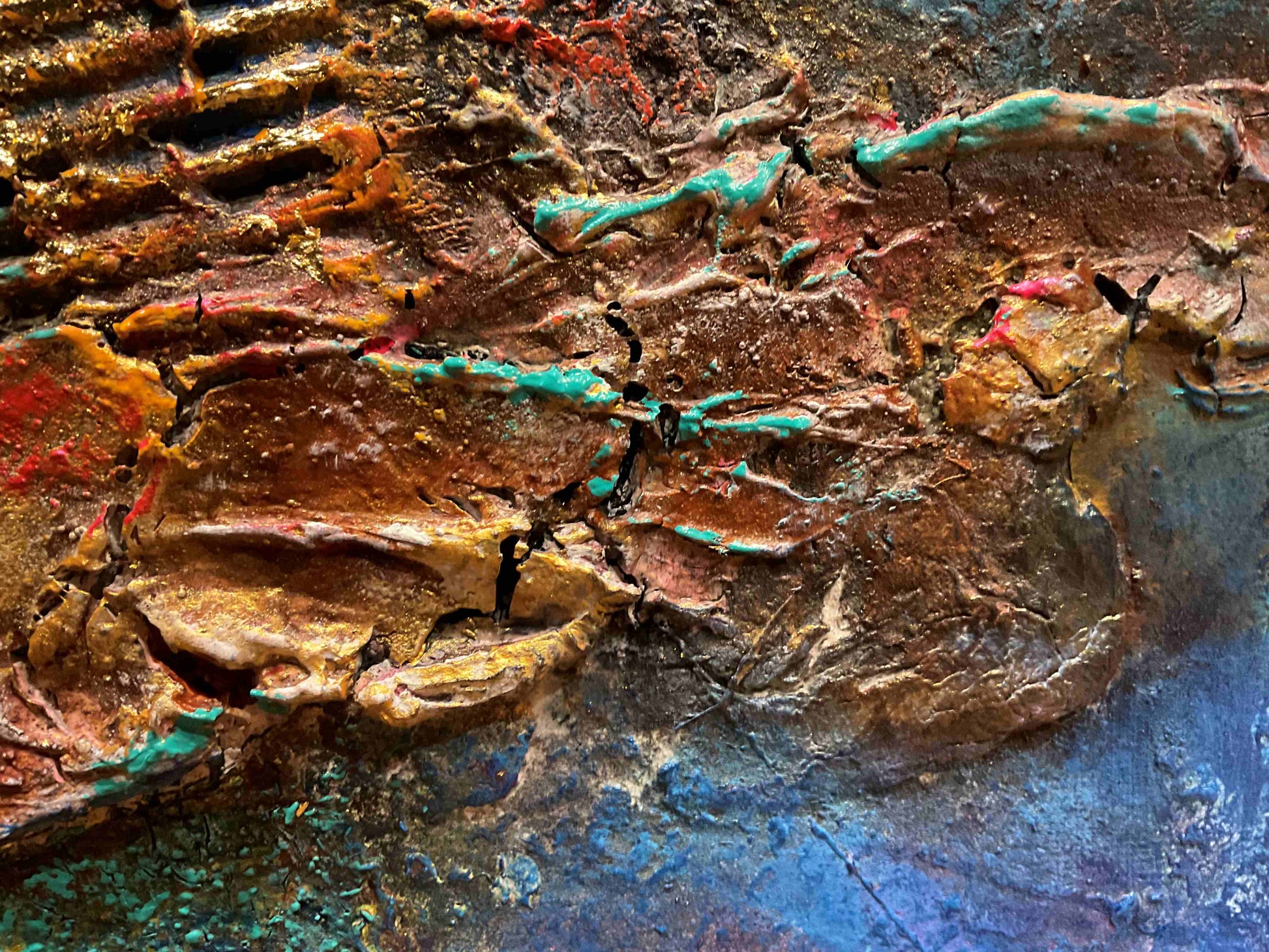 sculptural and tactile abstract wall art  yellow red orange and blue 