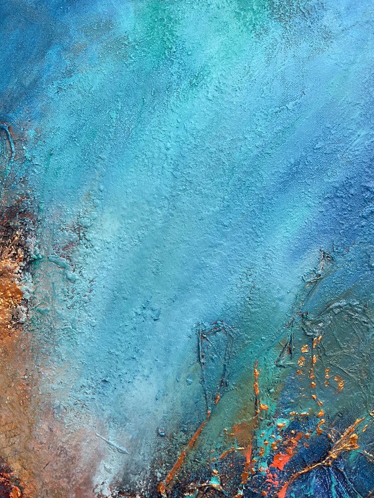 Abstract art with blue, green, and orange colors