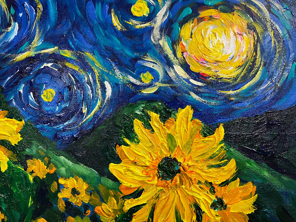 Sunflowers and starry night painting with acrylic 