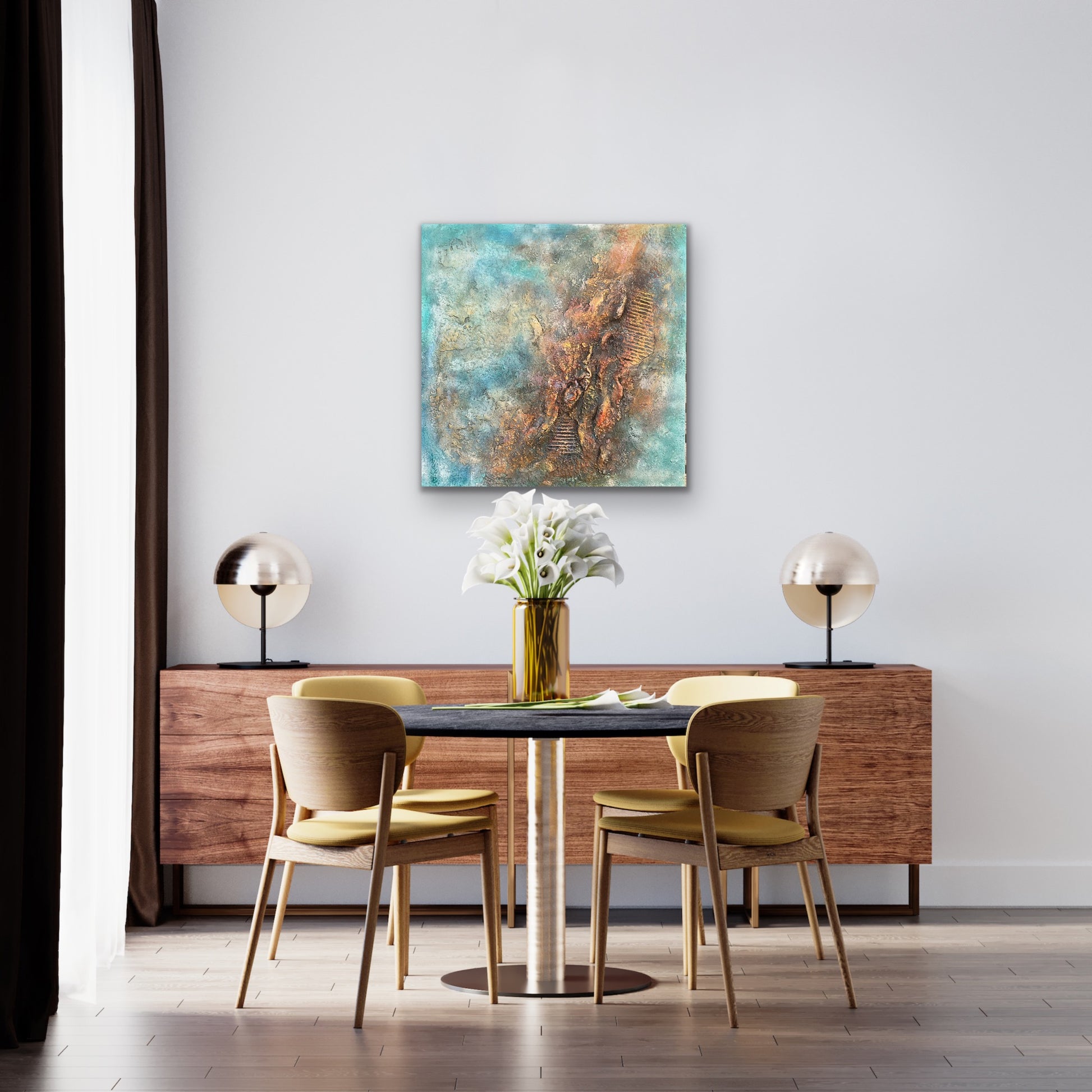 mixed media abstract expressionistic artwork with powertex in teal, red and gold palate 