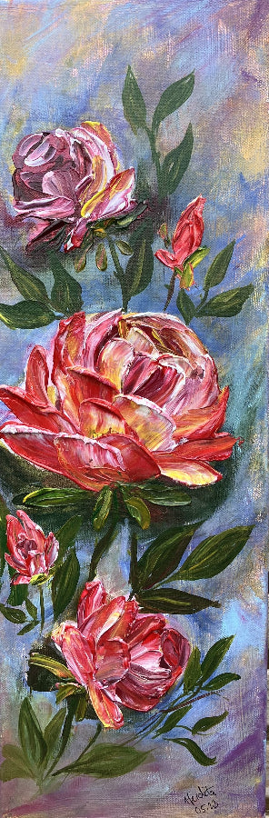 textured red / pink roses on blue background acrylic painting by Aferdita Fazliu-Drozd
