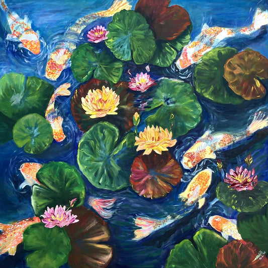 orange and pink waterlilies and koi fish original oil painting by aferdita fazliu drozd